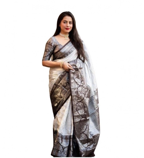 Women's Soft Lichi Silk Printed Saree With Unstitched Blouse 5.5Mtr (Off-White)