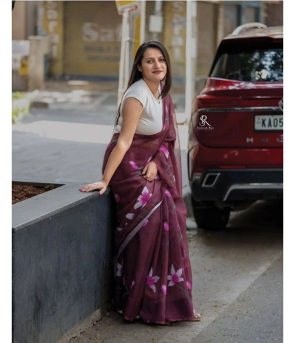 Women's Linen Printed Saree With Unstitched Blouse 5.5Mtr (Brown)