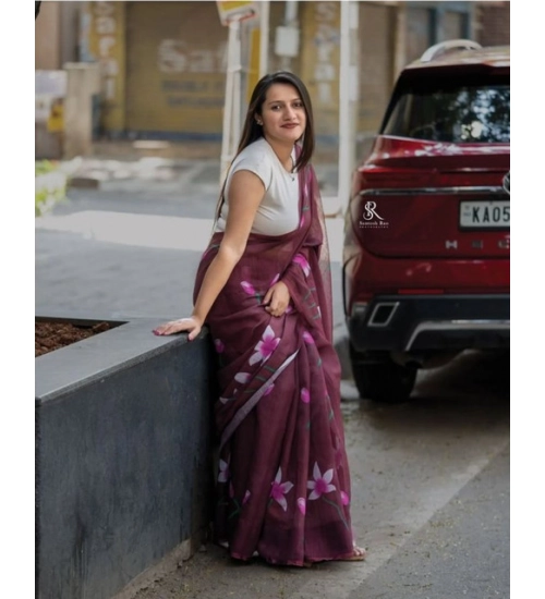 Women's Linen Printed Saree With Unstitched Blouse 5.5Mtr (Brown) Women's Linen Printed Saree With Unstitched Blouse 5.5Mtr (Brown)