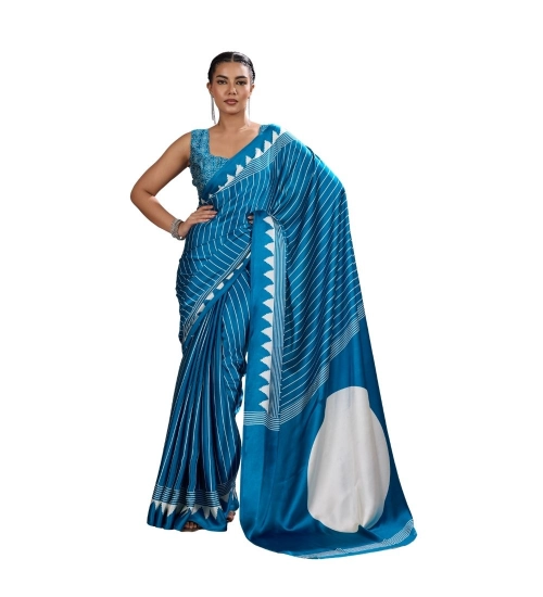 Women's Satin Crepe Printed Saree With Unstitched Blouse 5.5Mtr (Rama Blue)