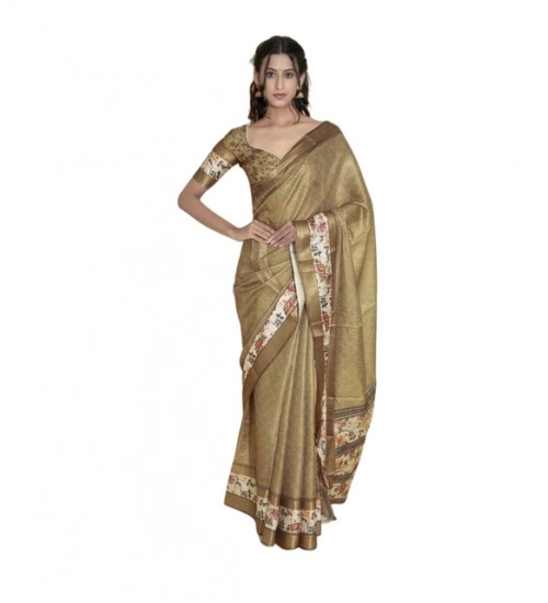 Women's Polyester Printed Saree With Unstitched Blouse 5.5 Mtr (Gold)