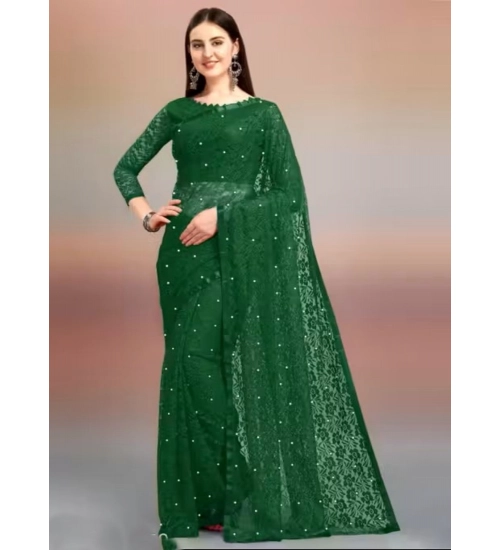 Women's Net Self Design Saree With Unstitched Blouse 5.5Mtr (Green)