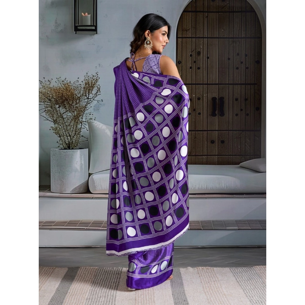 Women's Satin Crepe Printed Saree With Unstitched Blouse 5.5Mtr (Purple)