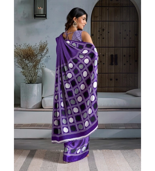 Women's Satin Crepe Printed Saree With Unstitched Blouse 5.5Mtr (Purple)