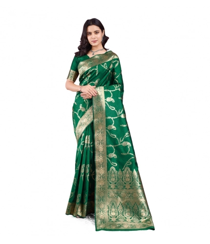 Women's Banarasi Silk Printed Saree With Unstitched Blouse 5.5Mtr (Green)