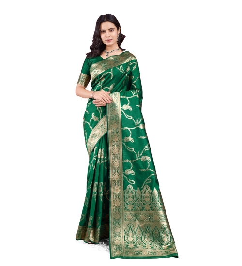Women's Banarasi Silk Printed Saree With Unstitched Blouse 5.5Mtr (Green)