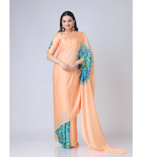 Women's Soft Crepe Silk Printed Ready To Wear Saree With Unstitched Blouse 5.5Mtr (Orange)
