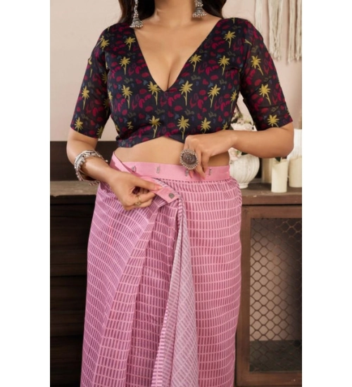 Women's Faux Linen Geometric Ready to wear Saree With Unstitched Blouse 5.5Mtr (LightPink)