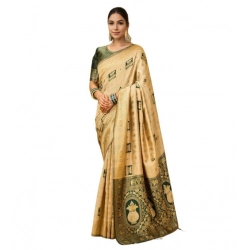 Women's Silk Blend Woven Zari Work Saree With Unstitched Blouse 5.5Mtr (Cream)
