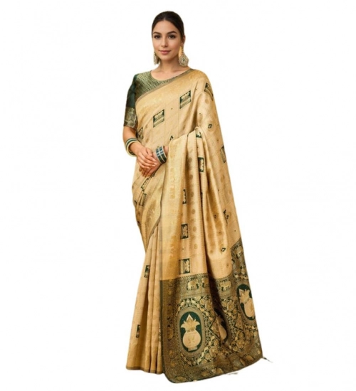Women's Silk Blend Woven Zari Work Saree With Unstitched Blouse 5.5Mtr (Cream)