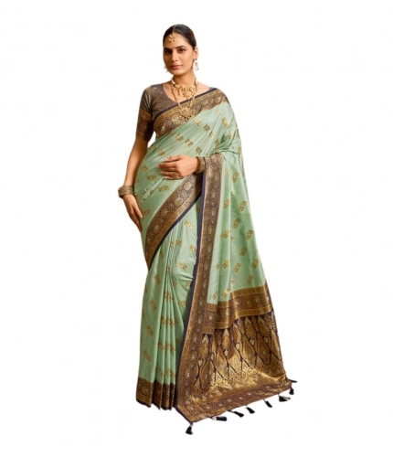 Women's Silk Blend Booti Work Ready to wear Saree With Unstitched Blouse 5.5Mtr (SeaGreen)