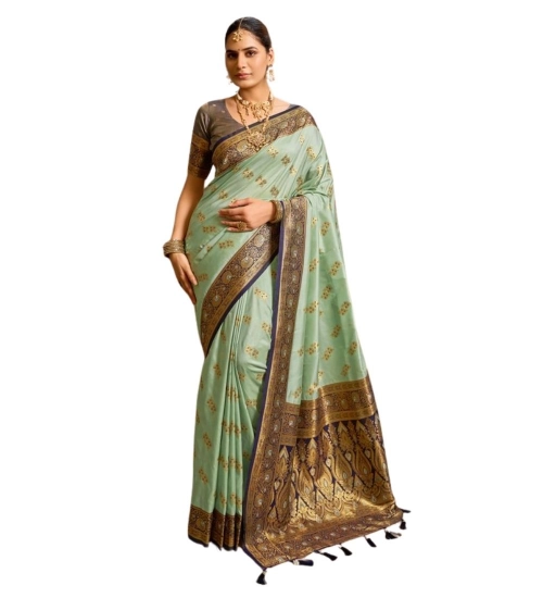 Women's Silk Blend Booti Work Ready to wear Saree With Unstitched Blouse 5.5Mtr (SeaGreen)