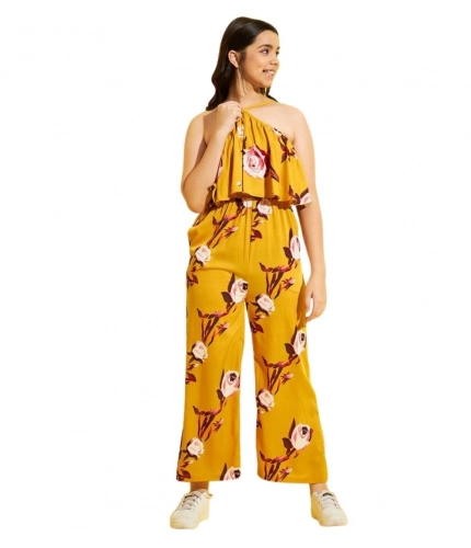 Girl's Polyester Crepe Floral Sleeveless Jumpsuit (Mustard)