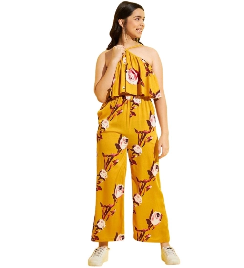 Girl's Polyester Crepe Floral Sleeveless Jumpsuit (Mustard)