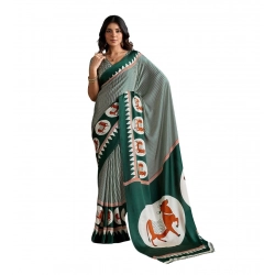 Women's Satin Crepe Printed Saree With Unstitched Blouse 5.5Mtr (Green)