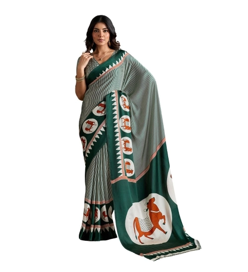 Women's Satin Crepe Printed Saree With Unstitched Blouse 5.5Mtr (Green)