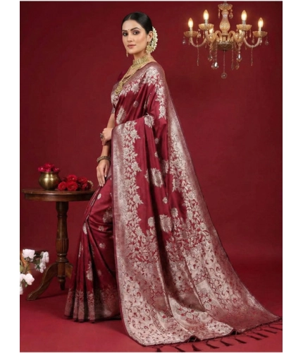 Women's Silk Blend Printed Saree With Unstitched Blouse 5.5Mtr (Maroon) Women's Silk Blend Printed Saree With Unstitched Blouse 5.5Mtr (Maroon)