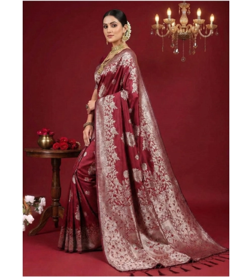 Women's Silk Blend Printed Saree With Unstitched Blouse 5.5Mtr (Maroon)