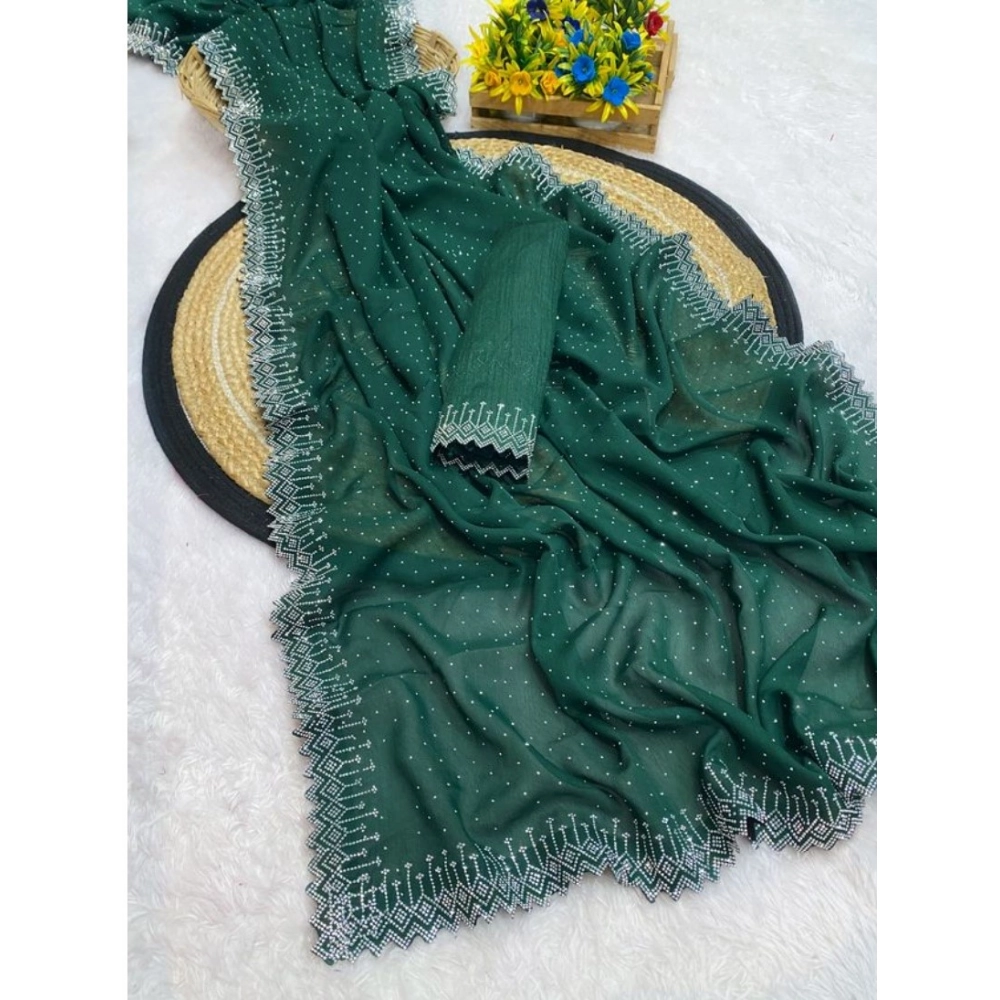 Women's Georgette Stone Work Saree With Unstitched Blouse 5.5Mtr (Green) Women's Georgette Stone Work Saree With Unstitched Blouse 5.5Mtr (Green)