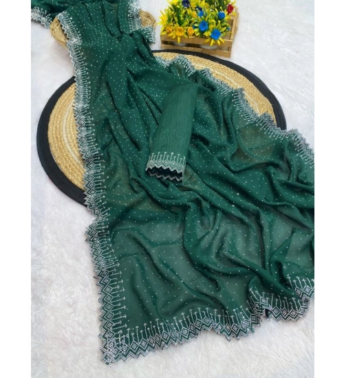 Women's Georgette Stone Work Saree With Unstitched Blouse 5.5Mtr (Green)