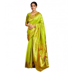 Women's Silk Blend Woven Saree With Unstitched Blouse 5.5Mtr (Lime-Green)