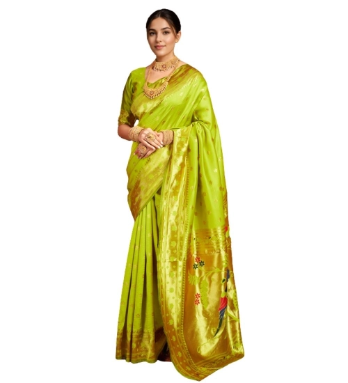 Women's Silk Blend Woven Saree With Unstitched Blouse 5.5Mtr (Lime-Green)