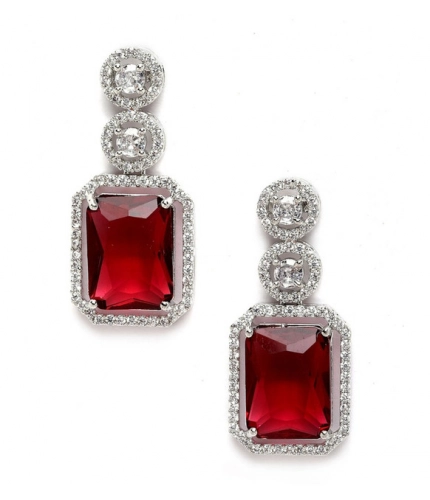 Women's Brass Silver Plated Drop Earrings (Red)