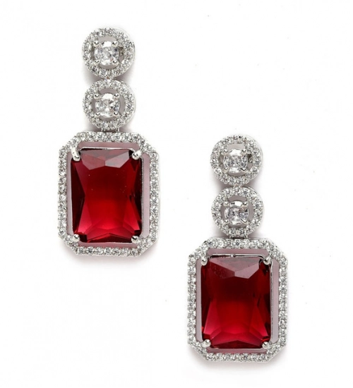 Women's Brass Silver Plated Drop Earrings (Red)