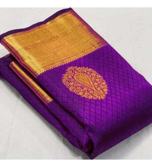 Women's Soft Lichi Silk Printed Saree With Unstitched Blouse 5.5Mtr (Purple)