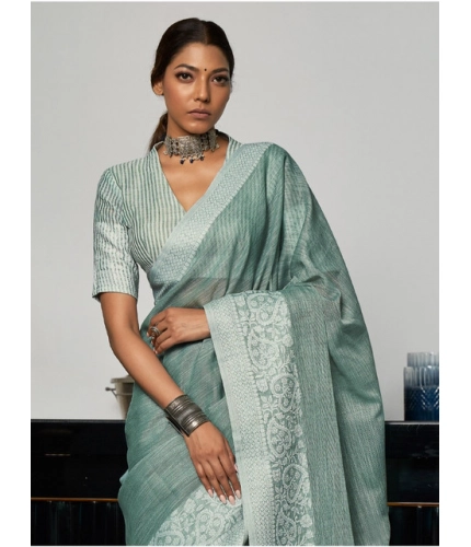Women's Linen Printed Saree With Unstitched Blouse 5.5Mtr (Sea Green)