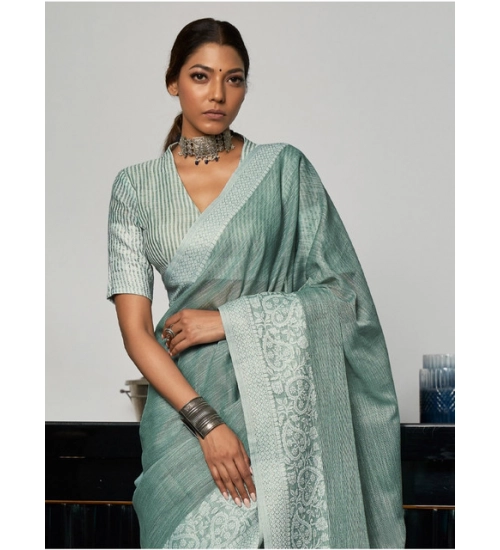 Women's Linen Printed Saree With Unstitched Blouse 5.5Mtr (Sea Green)