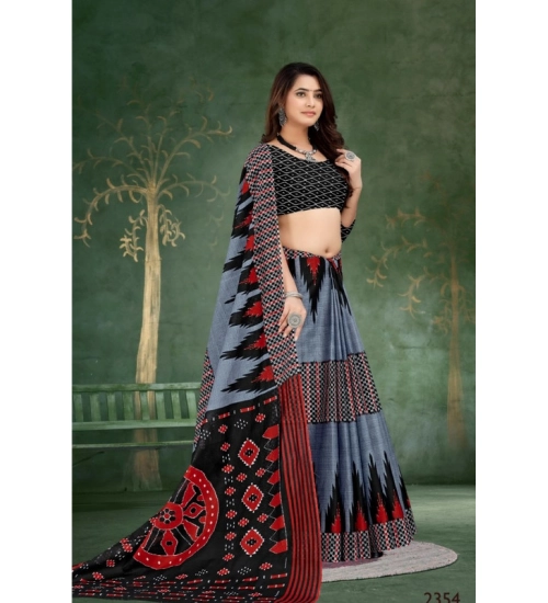 Women's Soft Pure Cotton Printed Saree With Unstitched Blouse 5.5Mtr (Grey)