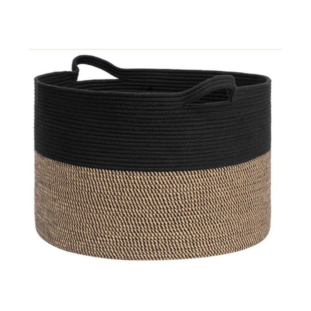 Cotton 16x14 Inch Pack of 1 Storage Basket For Clothes (Black- Beige Black)