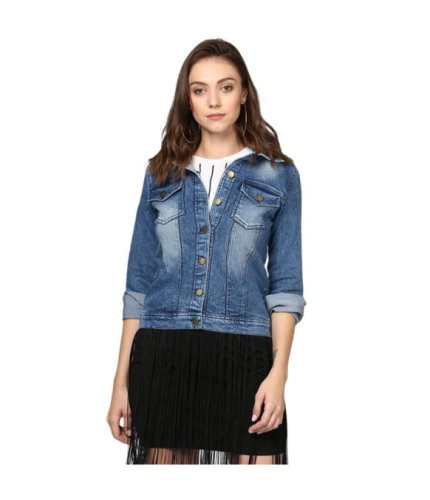 Women's Denim Washed Long Sleeves Jacket (Blue)
