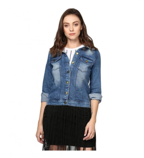 Women's Denim Washed Long Sleeves Jacket (Blue)