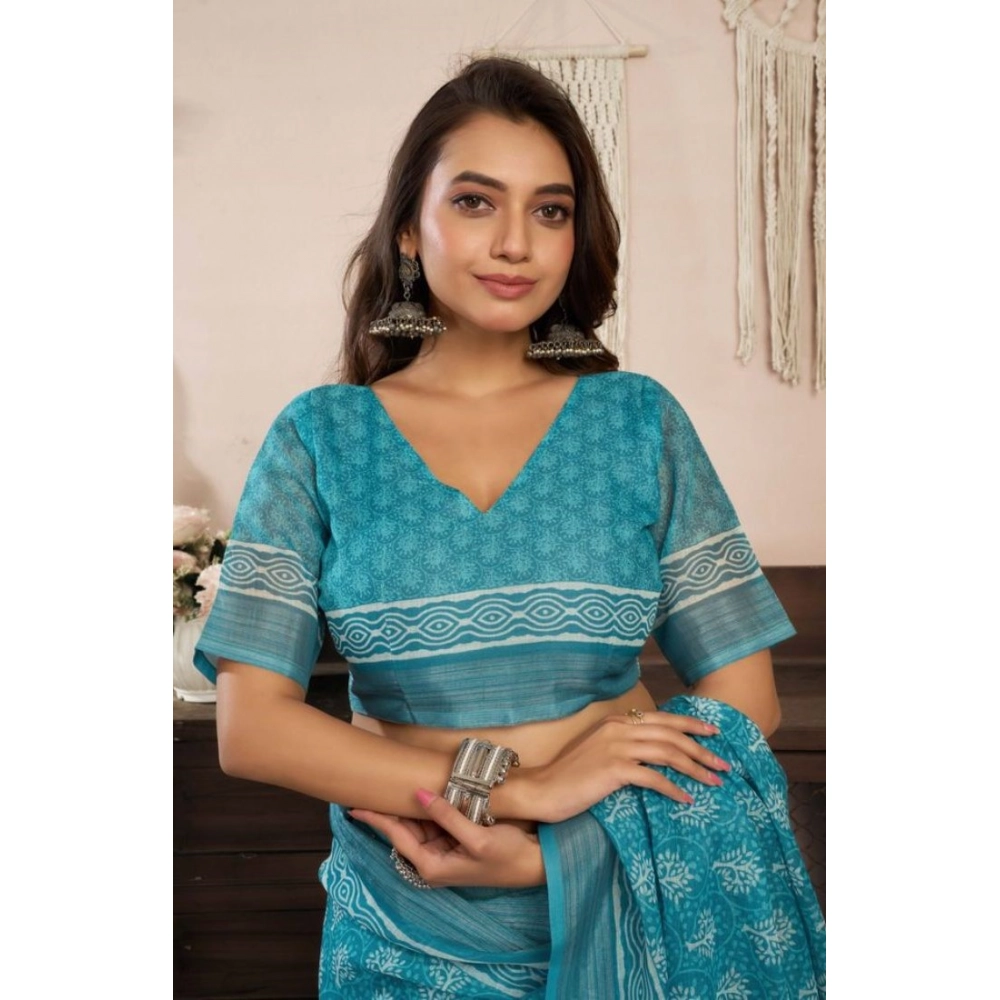 Women's Faux Linen Floral Print Ready to wear Saree With Unstitched Blouse 5.5Mtr (AquaBlue) Women's Faux Linen Floral Print Ready to wear Saree With Unstitched Blouse 5.5Mtr (AquaBlue)