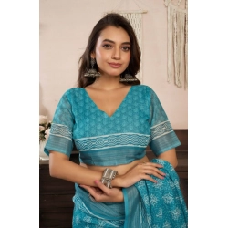 Women's Faux Linen Floral Print Ready to wear Saree With Unstitched Blouse 5.5Mtr (AquaBlue)