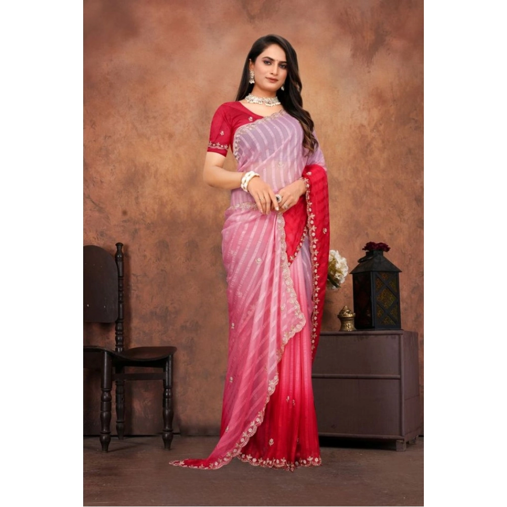 Women's Chiffon Embroidred Saree With Unstitched Blouse 5.5Mtr (Pink) Women's Chiffon Embroidred Saree With Unstitched Blouse 5.5Mtr (Pink)