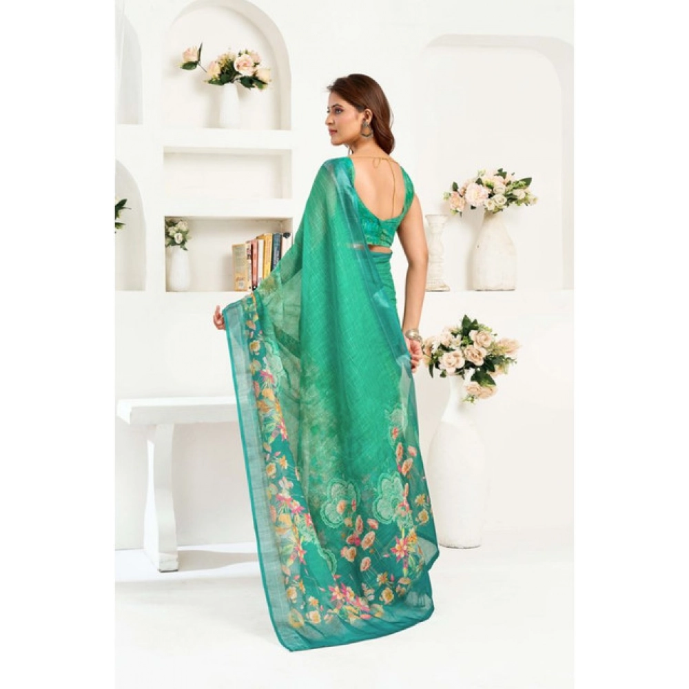 Women's Linen Cotton Printed Ready To Wear Saree With Unstitched Blouse 5.5 Mtr (Green)