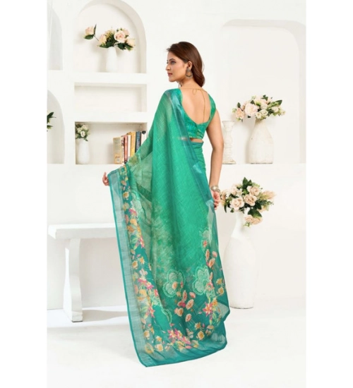 Women's Linen Cotton Printed Ready To Wear Saree With Unstitched Blouse 5.5 Mtr (Green)