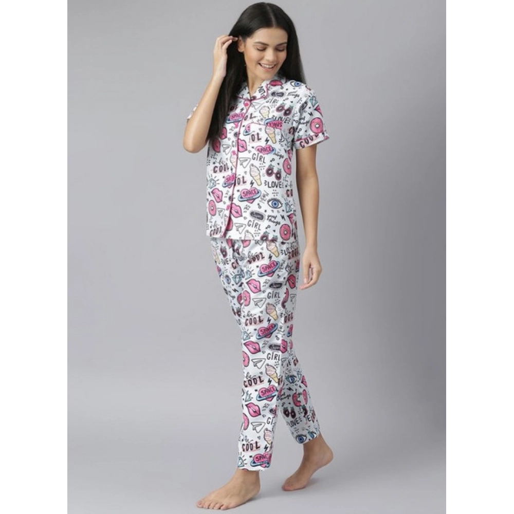 Women's Cotton Blend Printed Short Sleeve Night Suit (Multicolor) Women's Cotton Blend Printed Short Sleeve Night Suit (Multicolor)
