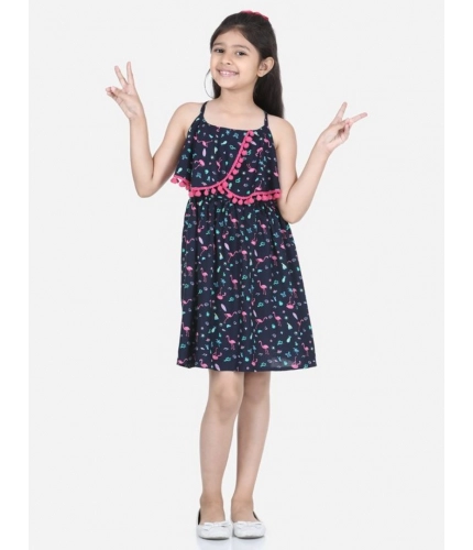 Girl's Rayon Flamingo Print Sleeveless Dress (Black)