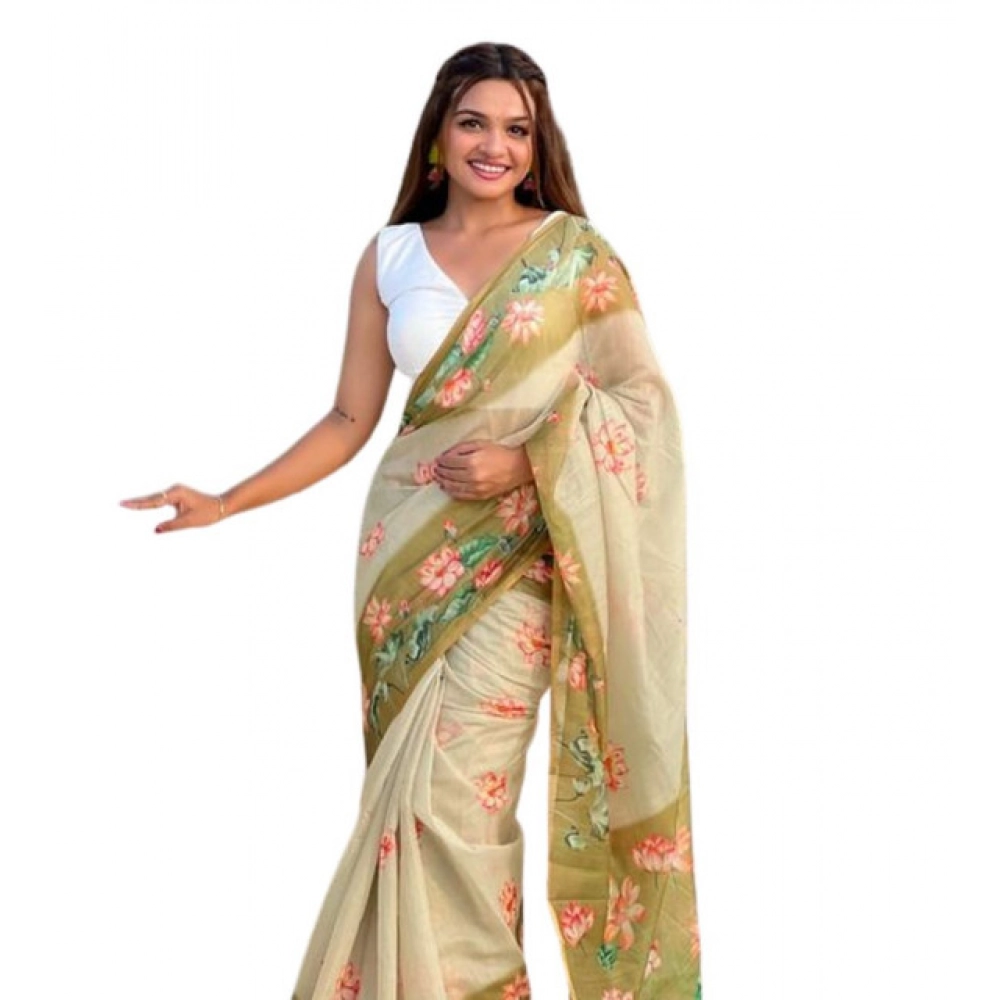 Women's Linen Printed Saree With Unstitched Blouse 5.5Mtr (Mahendi) Women's Linen Printed Saree With Unstitched Blouse 5.5Mtr (Mahendi)