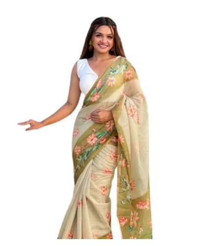 Women's Linen Printed Saree With Unstitched Blouse 5.5Mtr (Mahendi)