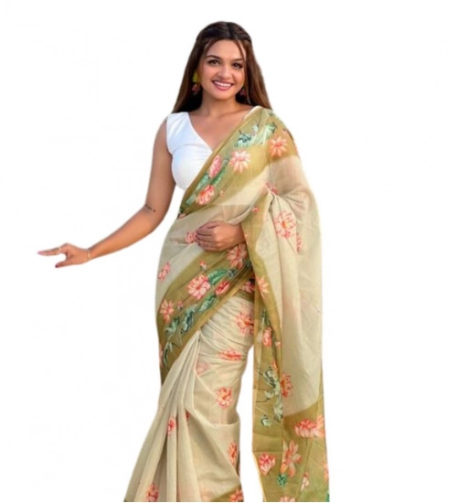 Women's Linen Printed Saree With Unstitched Blouse 5.5Mtr (Mahendi)