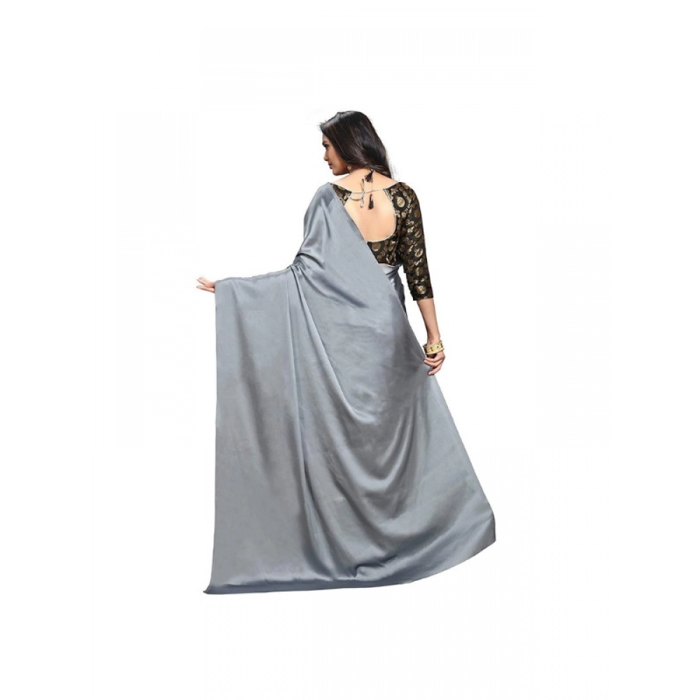 Women's Satin Solid Saree With Unstitched Blouse 5.5Mtr (Grey)