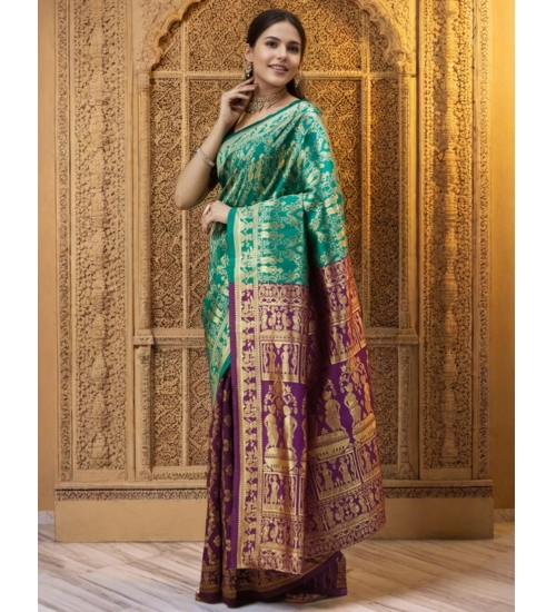 Women's Silk Blend Zari Weaving Saree With Unstitched Blouse 5.5Mtr (Light Green)