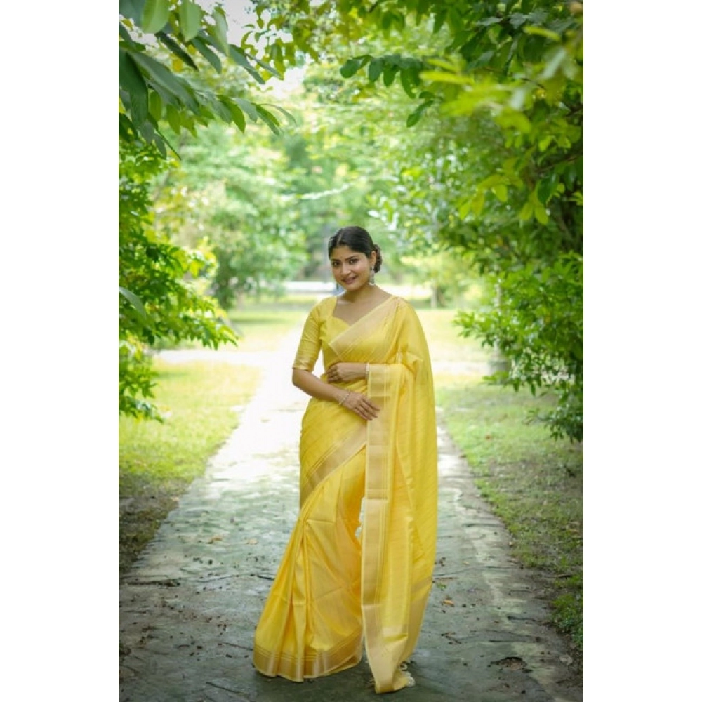 Women's Faux_Banarasi Lining Pattern Saree With Unstitched Blouse 5.5Mtr (Yellow) Women's Faux_Banarasi Lining Pattern Saree With Unstitched Blouse 5.5Mtr (Yellow)