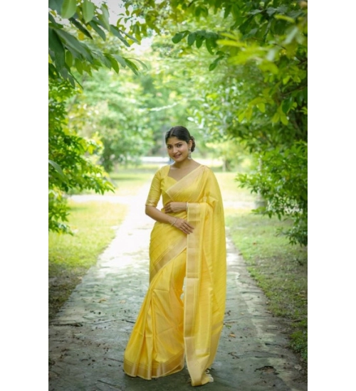 Women's Faux_Banarasi Lining Pattern Saree With Unstitched Blouse 5.5Mtr (Yellow)