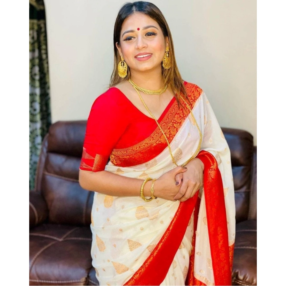 Women's Soft Lichi Silk Printed Saree With Unstitched Blouse 5.5Mtr (White)